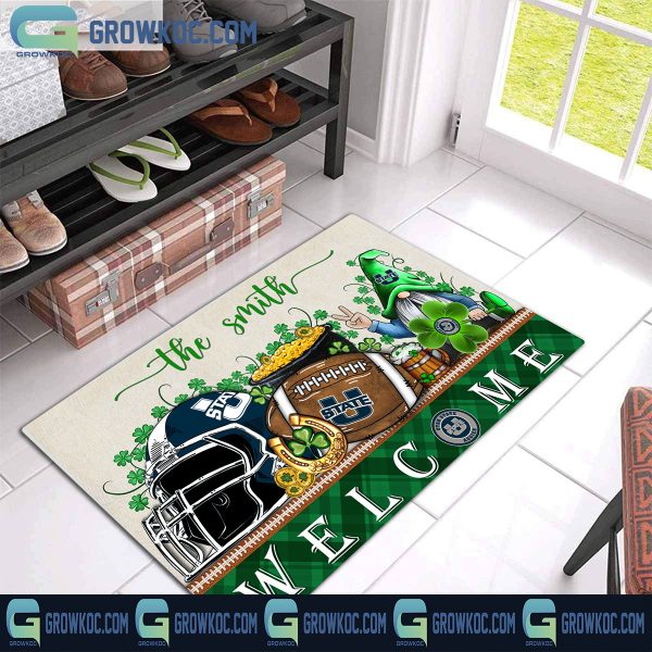 Utah State Aggies St. Patrick’s Day Shamrock Personalized Doormat