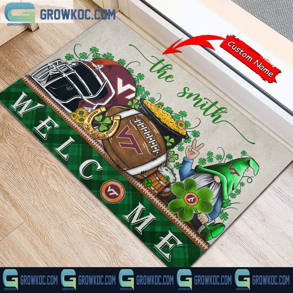 Virginia Tech Hokies St. Patrick’s Day Shamrock Personalized Doormat