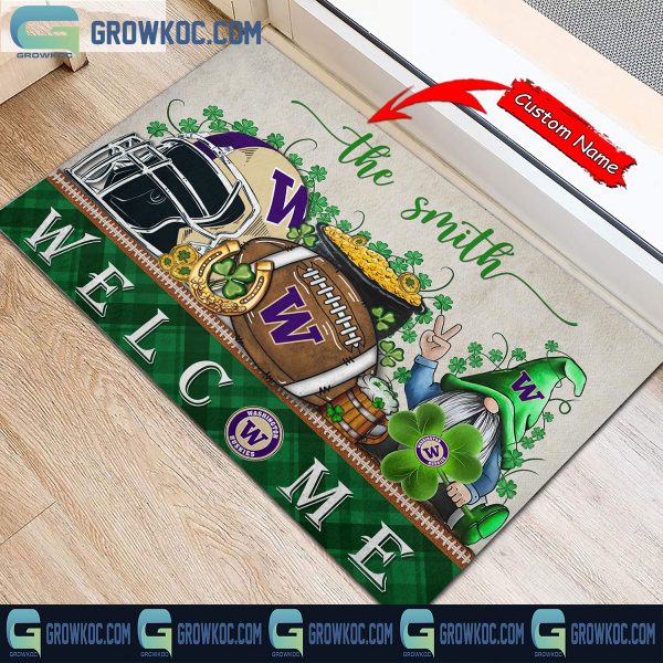 Washington Huskies St. Patrick’s Day Shamrock Personalized Doormat