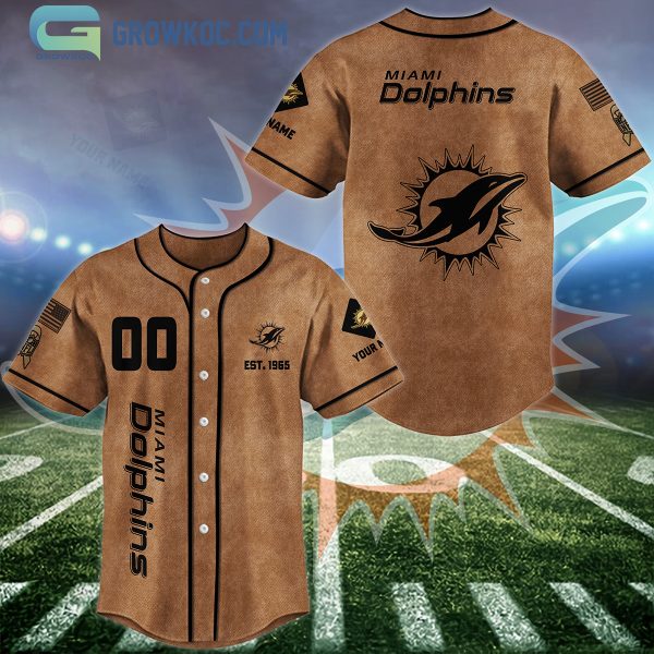 Miami Dolphins Brown American Flag Personalized Baseball Jersey