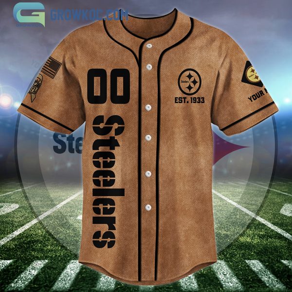 Pittsburgh Steelers Brown American Flag Personalized Baseball Jersey
