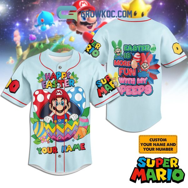 Super Mario Easter Is More Fun With My Peeps Blue Personalized Baseball Jersey
