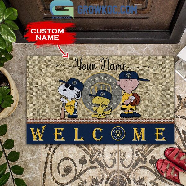 Milwaukee Brewers Snoopy Peanuts Charlie Brown Personalized Doormat