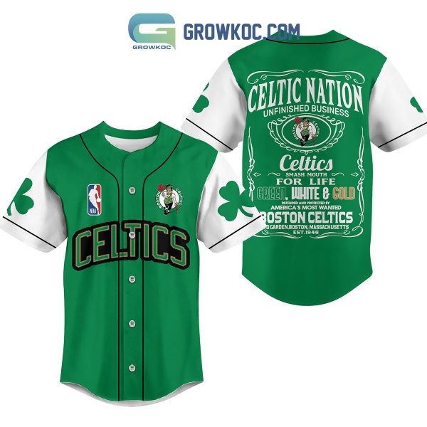 Boston Celtics Nation Unfinished Business Green White And Gold Baseball Jersey