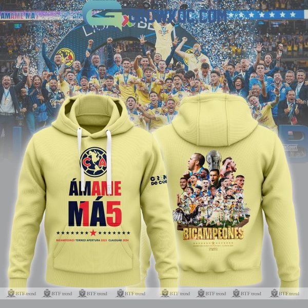 Club America Bicampeones Amame 15 Champions Yellow Design Hoodie Shirt