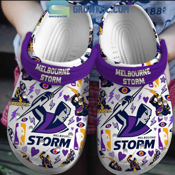 Melbourne Storm Go Storm White And Purple Fan Crocs Clogs
