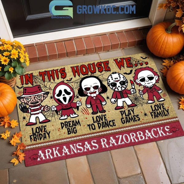 Arkansas Razorbacks In This House We Love Halloween Horror Movies Doormat