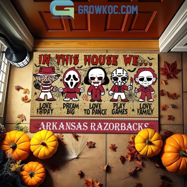 Arkansas Razorbacks In This House We Love Halloween Horror Movies Doormat