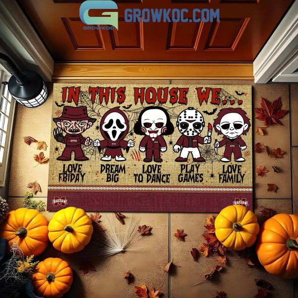 Mississippi State Bulldogs In This House We Love Halloween Horror Movies Doormat