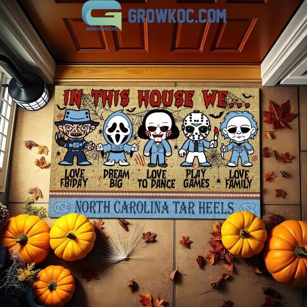 North Carolina Tar Heels In This House We Love Halloween Horror Movies Doormat