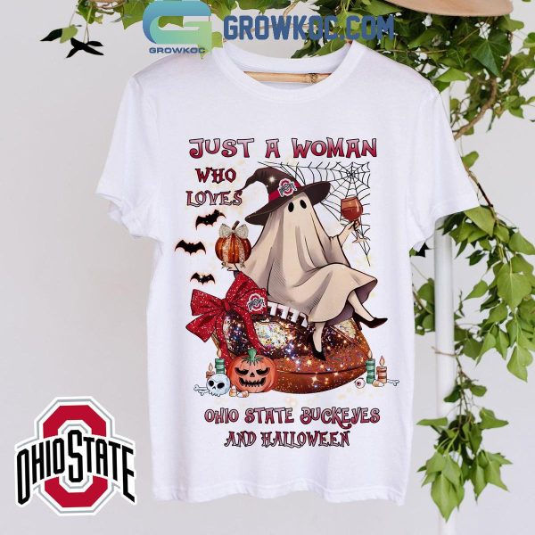 Ohio State Buckeyes Just A Women Who Loves Buckeyes And Halloween 2024 T-Shirt