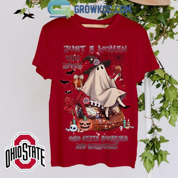 Ohio State Buckeyes Just A Women Who Loves Buckeyes And Halloween 2024 T-Shirt