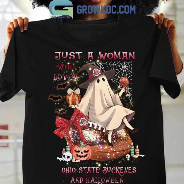 Ohio State Buckeyes Just A Women Who Loves Buckeyes And Halloween 2024 T-Shirt