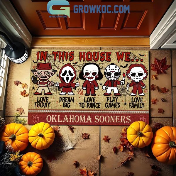 Oklahoma Sooners In This House We Love Halloween Horror Movies Doormat