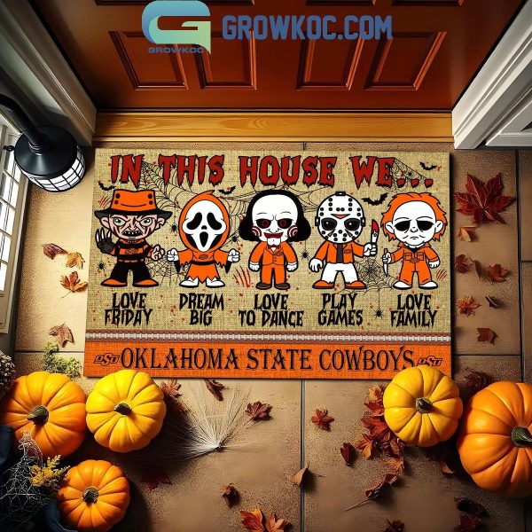 Oklahoma State Cowboys In This House We Love Halloween Horror Movies Doormat