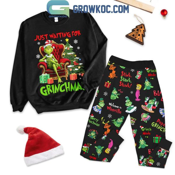 Grinch Just Waiting For Christmas In 2024 Fleece Pajamas Set Long Sleeve