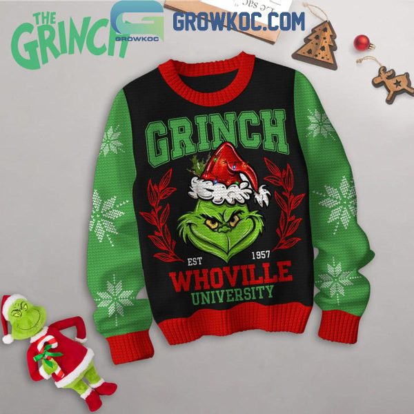 Grinch Whoville University Est. 1957 Christmas 2024 Black Design Ugly Sweater