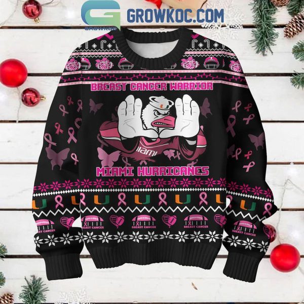 Miami Hurricanes Breast Cancer Warrior Tackle Cancer Christmas Black Ugly Sweater