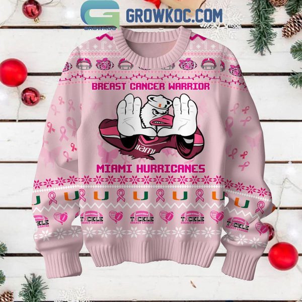 Miami Hurricanes Breast Cancer Warrior Tackle Cancer Christmas Ugly Sweater Light Pink