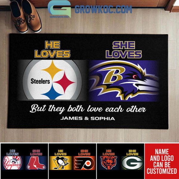 NFL NHL MLB NCAA Sport Mix 2 Teams He Loves This Team She Loves That Team Personalized Doormat