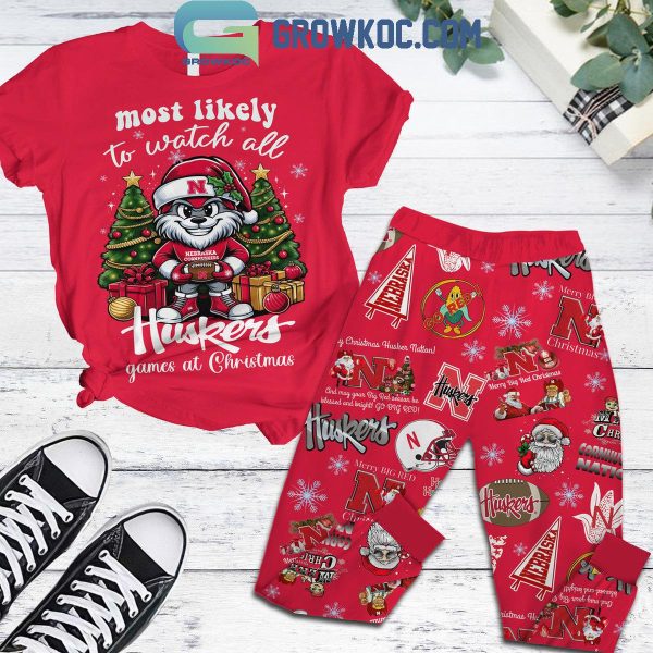 Nebraska Cornhuskers Fan Watch All Huskers Game At Christmas Fleece Pajama Set