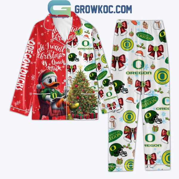 Oregon Ducks All I Want For 2024 Christmas Is Quack Attack Polyester Pajamas Set