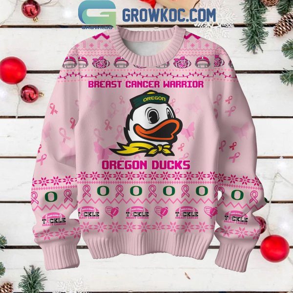 Oregon Ducks Breast Cancer Warrior Tackle Cancer Christmas Ugly Sweater Light Pink