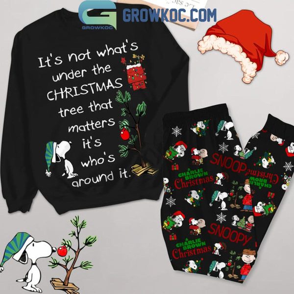 Snoopy It’s Not What Under The Christmas Tree Black Fleece Pajamas Set Long Sleeve