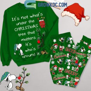 Snoopy It’s Not What Under The Christmas Tree Green Fleece Pajamas Set Long Sleeve