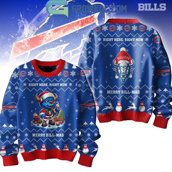 Buffalo Bills Right Here Right Now Merry Bill-mas 2024 Christmas Ugly Sweater