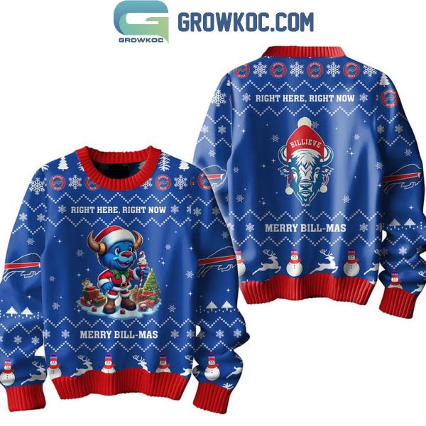 Buffalo Bills Right Here Right Now Merry Bill-mas 2024 Christmas Ugly Sweater