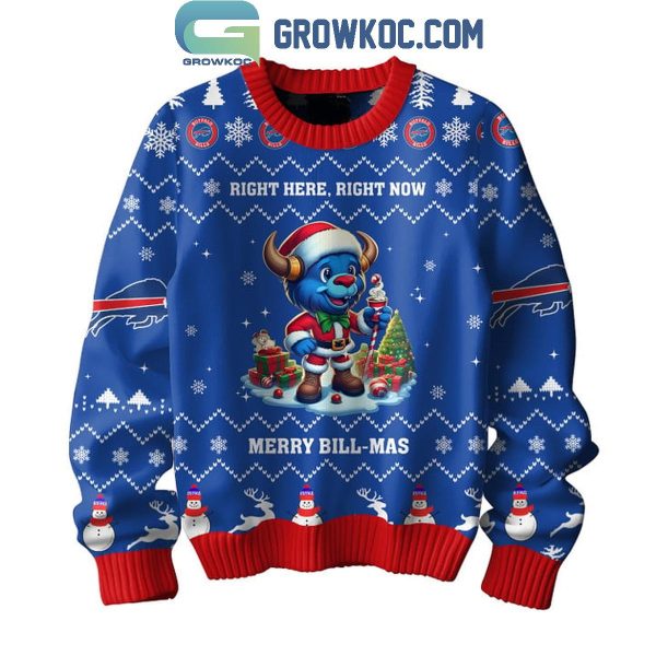 Buffalo Bills Right Here Right Now Merry Bill-mas 2024 Christmas Ugly Sweater