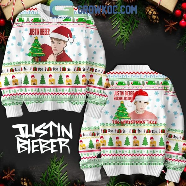 Justin Bieber Rockin’ Around Christmas Tree Kiss Under The Mistletoe Ugly Sweater White