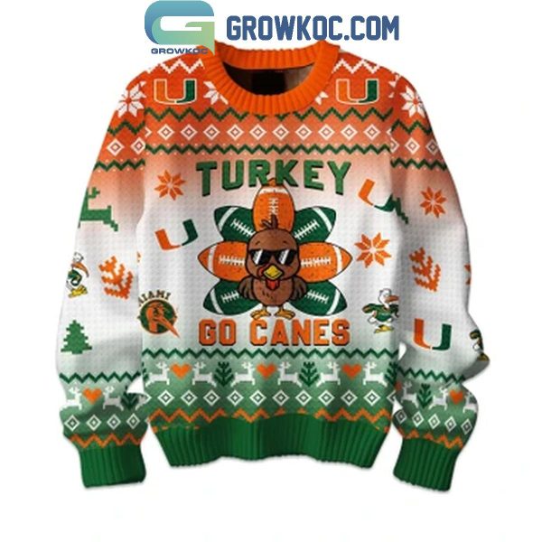 Miami Hurricanes Happy Thanksgiving Turkey Go Canes 2024 Ugly Sweater