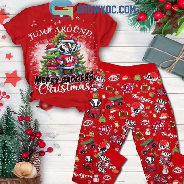 Wisconsin Badgers Jump Around Merry Badgers Christmas Fleece Pajamas Set