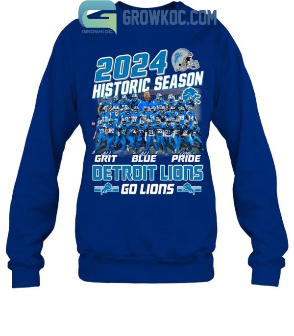 Detroit Lions Historic Season Go Lions With Grit Blue Pride 2024 T-Shirt