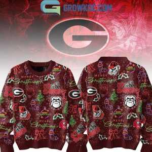 Georgia Bulldogs Merry 2024 Christmas Go Dawgs Neon Sign Ugly Sweater