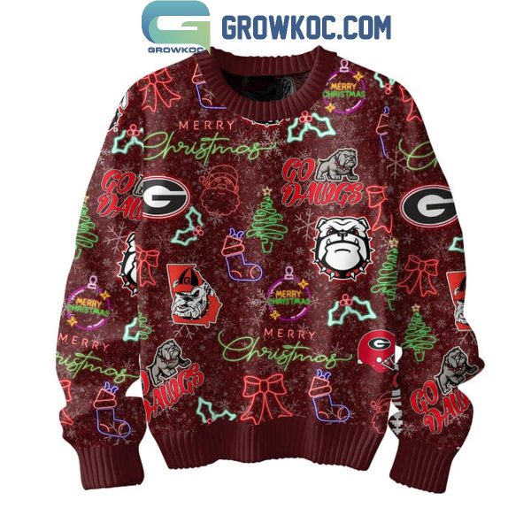 Georgia Bulldogs Merry 2024 Christmas Go Dawgs Neon Sign Ugly Sweater