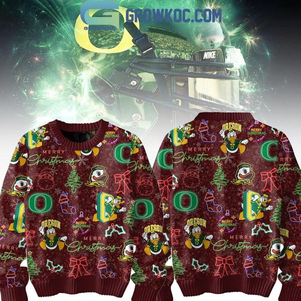 Oregon Ducks Merry 2024 Christmas Go Ducks Neon Sign Ugly Sweater