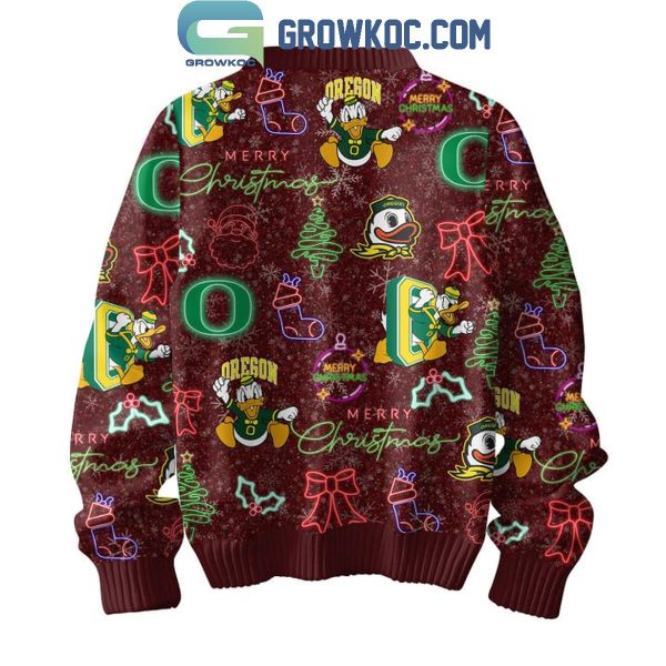 Oregon Ducks Merry 2024 Christmas Go Ducks Neon Sign Ugly Sweater