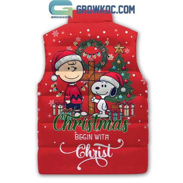 Snoopy Peanuts Christmas Begins With Christ Personalized Sleeveless Puffer Jacket