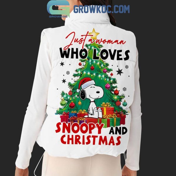 Snoopy Just A Woman Who Loves Christmas Sleeveless Puffer Jacket