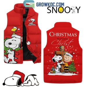 Snoopy Peanuts Christmas Begins With Christ Sleeveless Puffer Jacket