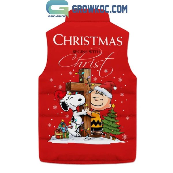 Snoopy Peanuts Christmas Begins With Christ Sleeveless Puffer Jacket