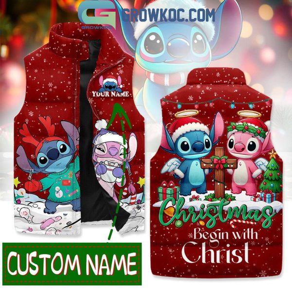 Stitch And Angel Christmas Begins With Christ Sleeveless Puffer Jacket