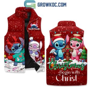 Stitch And Angel Christmas Begins With Christ Sleeveless Puffer Jacket