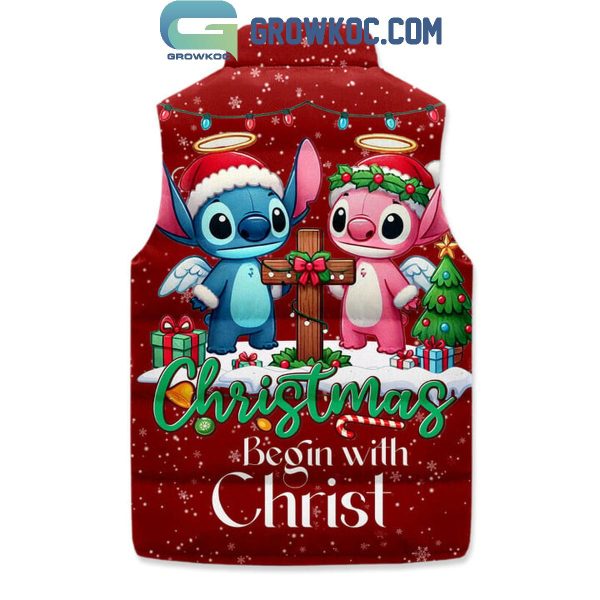 Stitch And Angel Christmas Begins With Christ Sleeveless Puffer Jacket