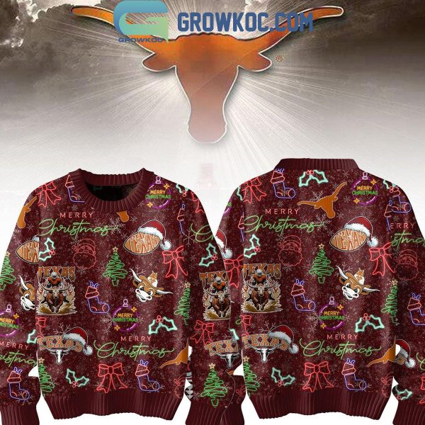 Texas Longhorns Merry 2024 Christmas Hook ‘Em Horn Neon Sign Ugly Sweater