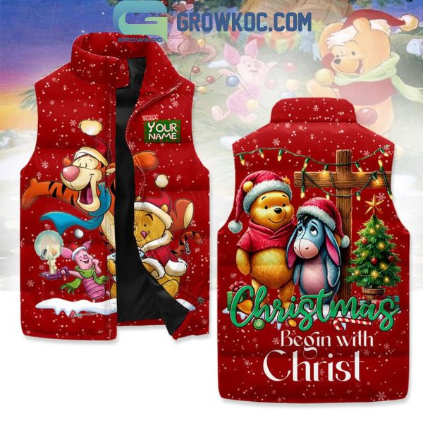 Winnie The Pooh Christmas Begins With Christ Sleeveless Puffer Jacket