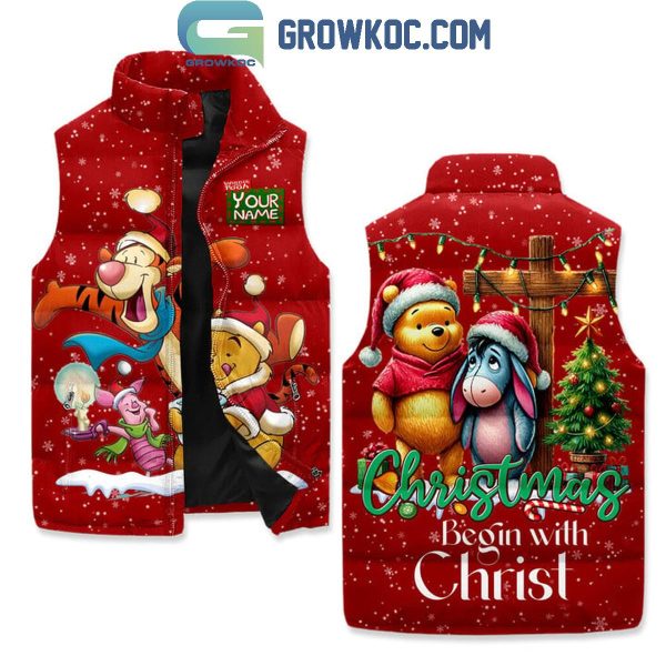 Winnie The Pooh Christmas Begins With Christ Sleeveless Puffer Jacket